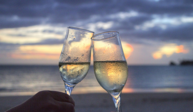sea sunset beach champagne couple