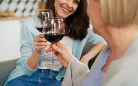 two ladies toasting their wine glasses