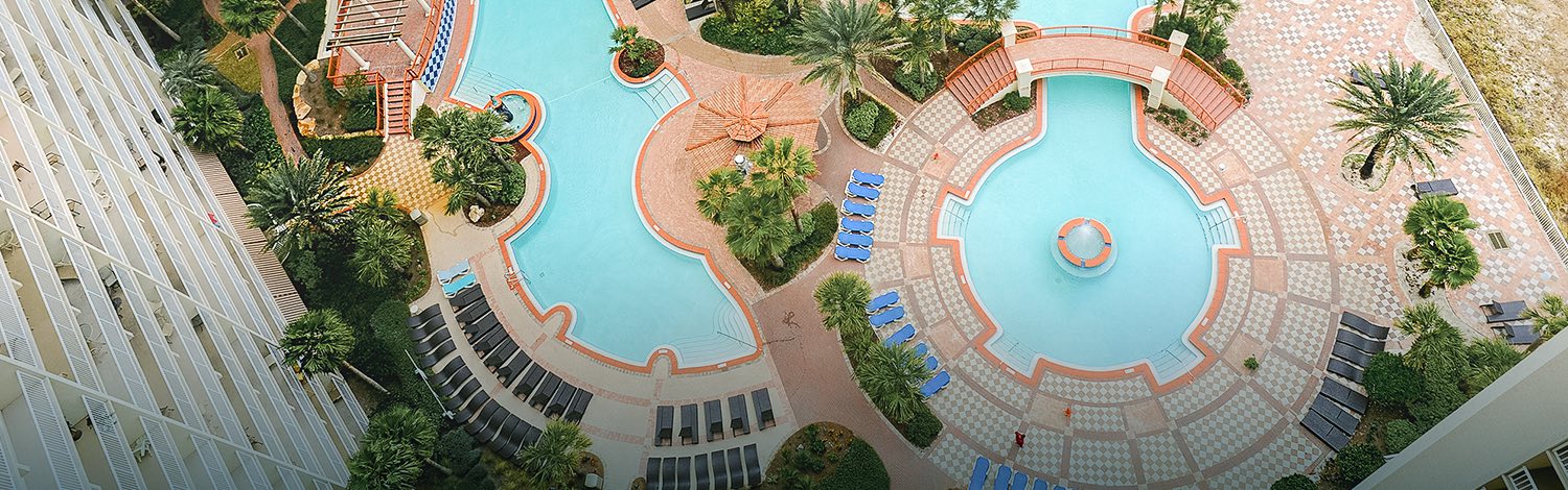 Aerial view of pool with palm trees