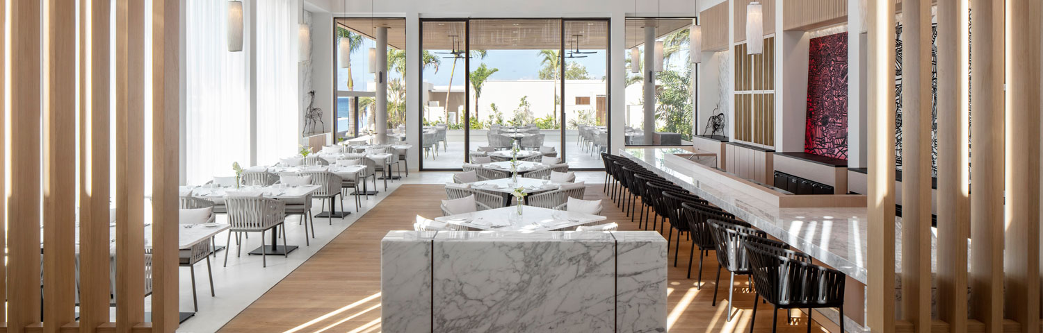 interior view of Asiatique restaurant showing wood and marble accents at Silversands Grenada Resort