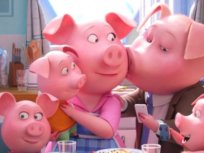 an animated pink pig family sitting around a dinner table