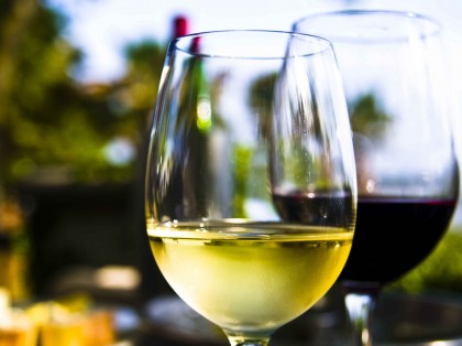 a glass of red wine and a glass of white wine