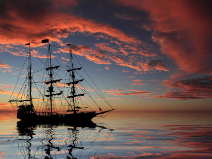 pirate ship at sunset