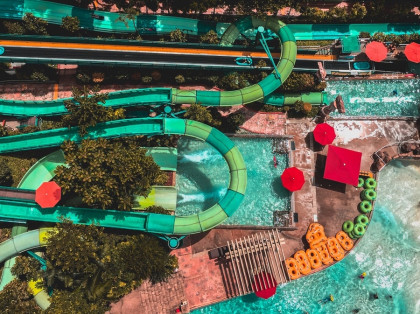aerial view of water slides and pool