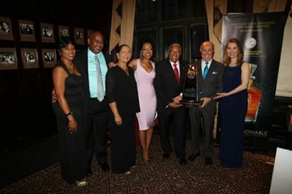 (l-r) Lesley Hardy; Brian Hardy, General Manager at Spice Island Beach Resort; Lady Hopkin; Janelle Hopkin, Deputy Managing Director for Spice Island Beach Resort; Sir Royston Hopkin; Joseph Cinque, CEO of AAHS; and Karen Dixon, International GM for AAHS