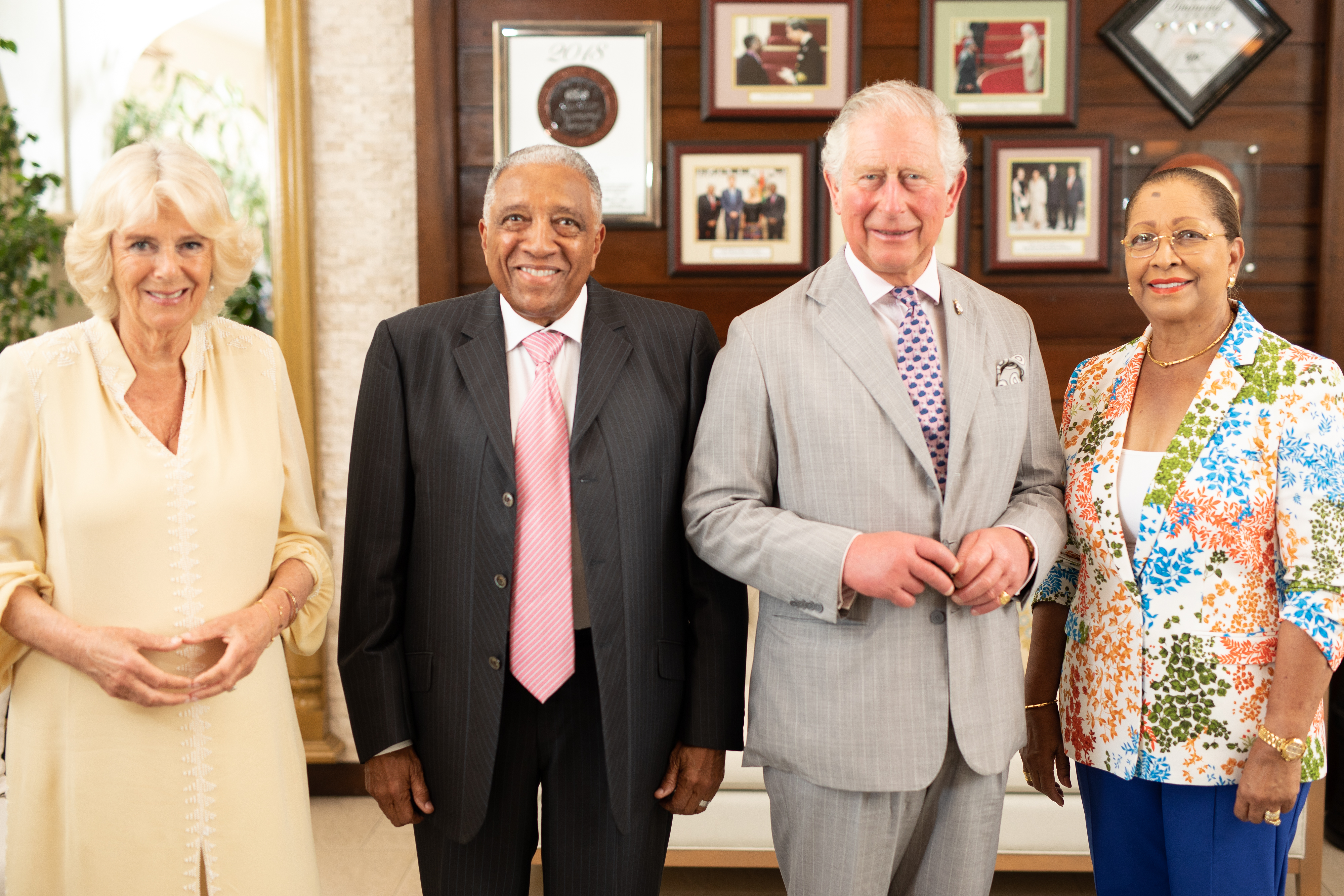 (l-r): Camilla, Duchess of Cornwall, Sir Royston Hopkin KCMG, Prince Charles, Lady Hopkin