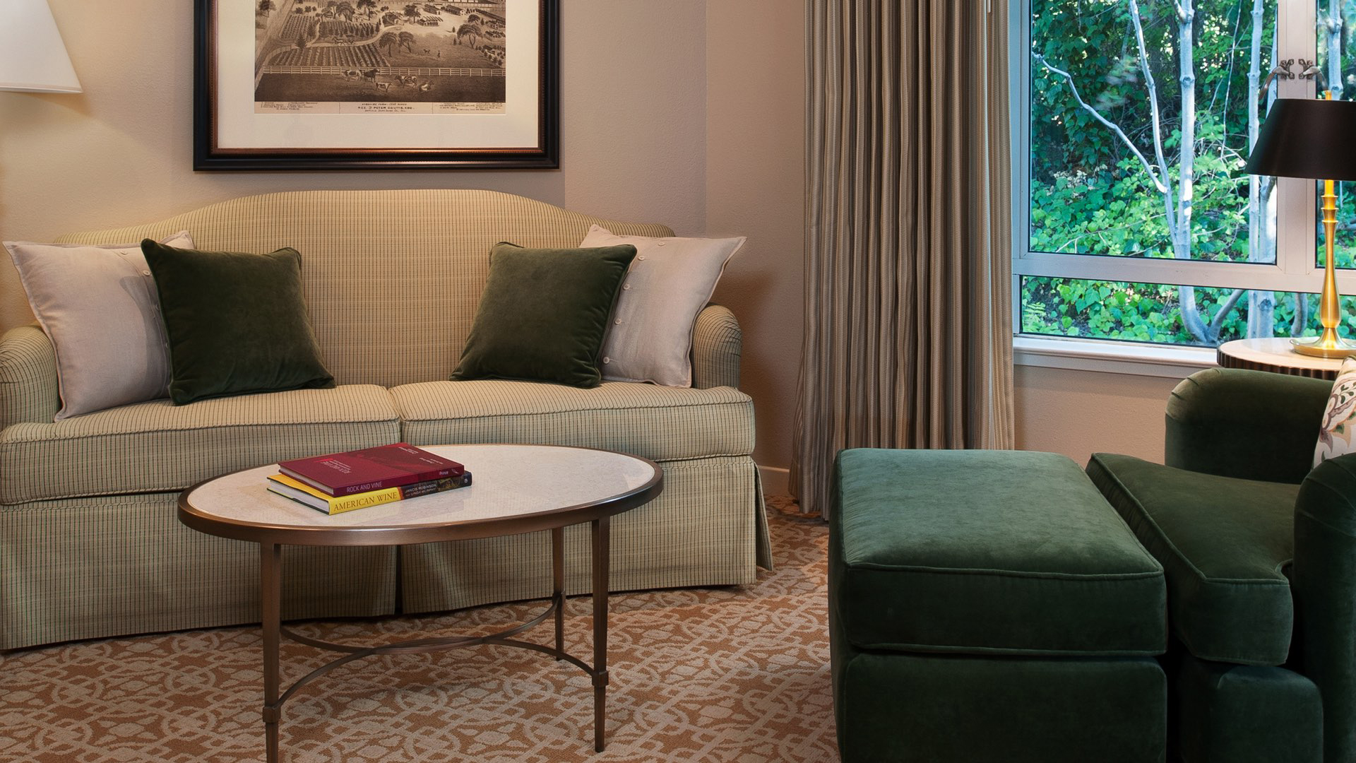 couch with center table and green chair