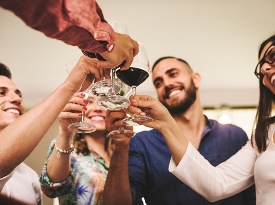 a group of friends clinging glasses of wine