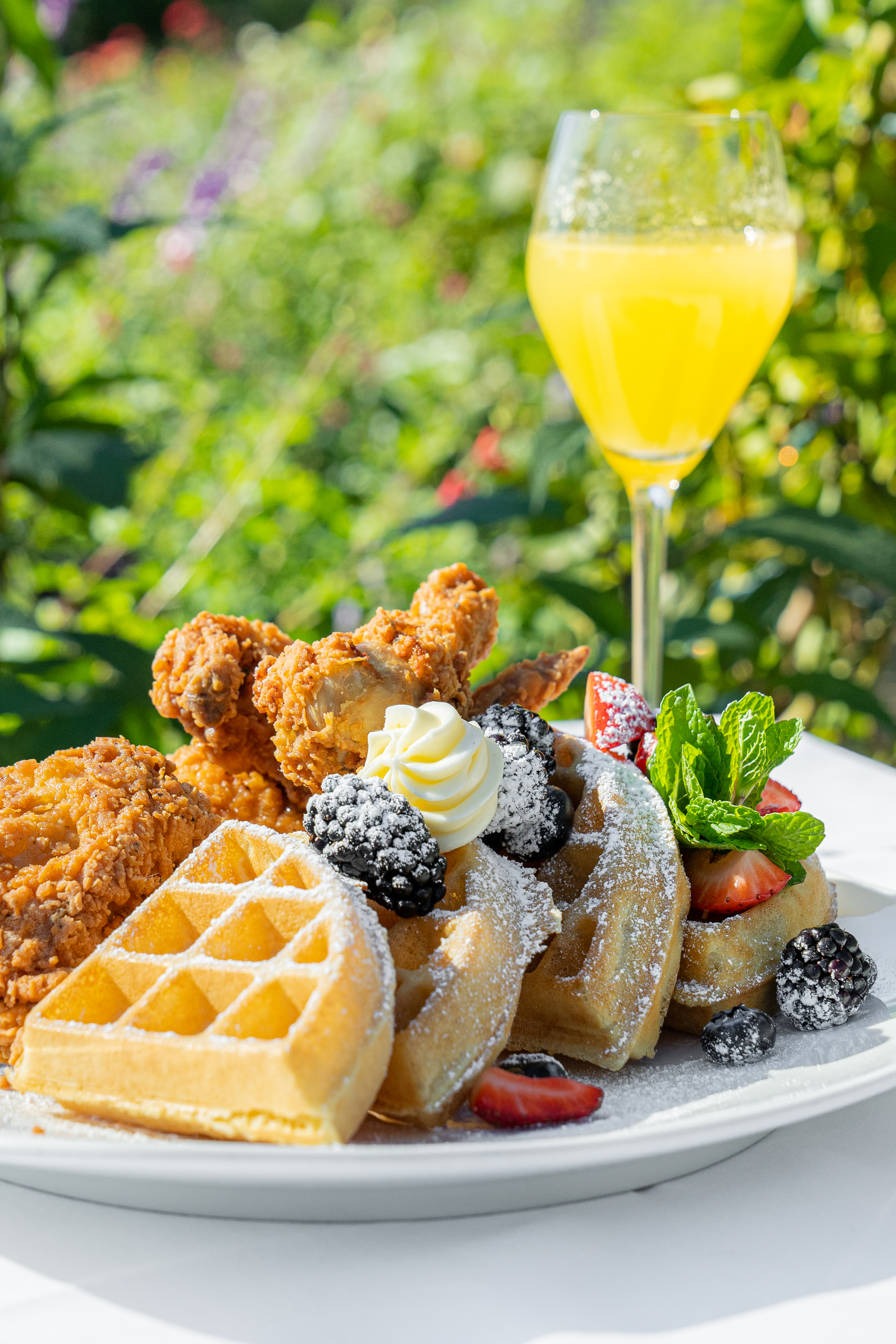 chicken and waffles brunch cover photo with mimosa