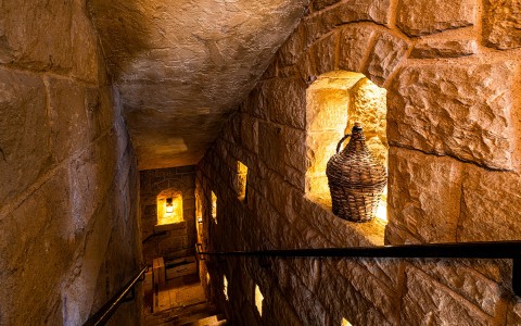 dark stairs with brick walls lining the staircase 