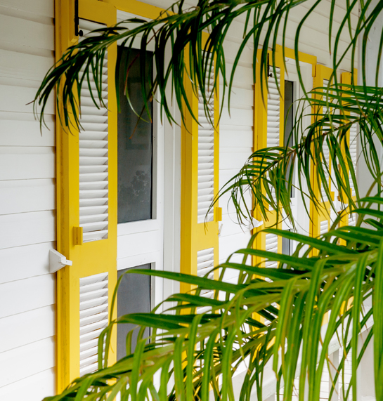 Yellow shutters on a white villa.