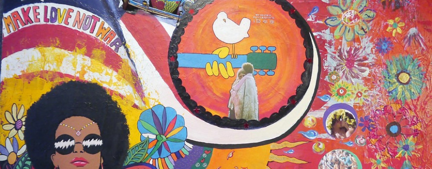 Painting of Woodstock with VW bug Jimmy Hendrix and flowers