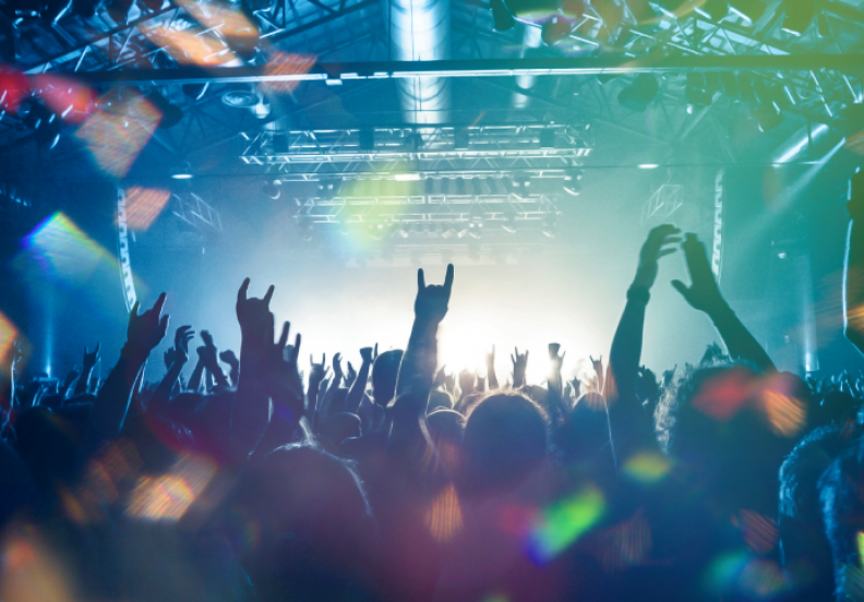 concert with crowd raising their hands up in the air