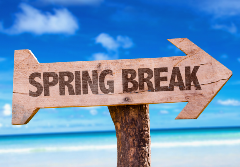 wooden arrow spring break sign on beach