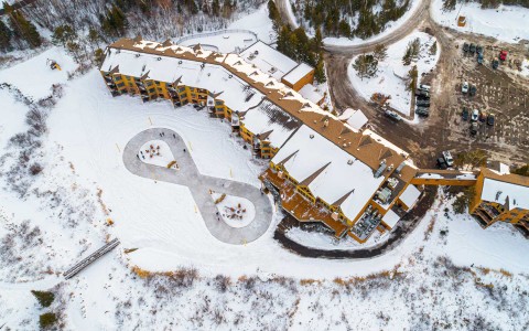 overhead aerial view of resort in the winter