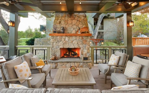 outside lounge space near a fire pit