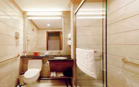 hotel bathroom with walk in shower, granite counter tops and large mirror 