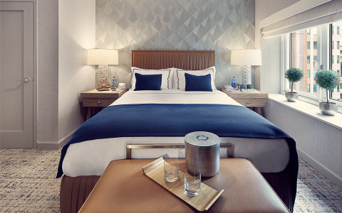 hotel room with a queen bed and window to the right of it with two small plants