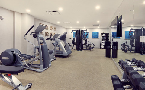 hotel gym with a tv, free weights, and cardio equipment