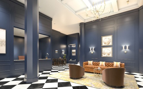 hotel lobby with blue walls and a checkered floor