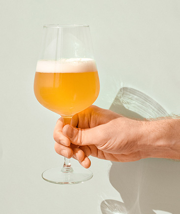 person holding a glass of beer in front of a pale green wall