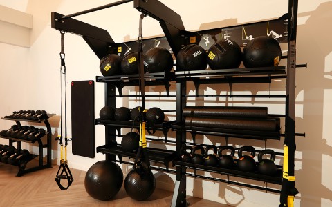 fitness center rack with weighted balls and dumbells on the shelf