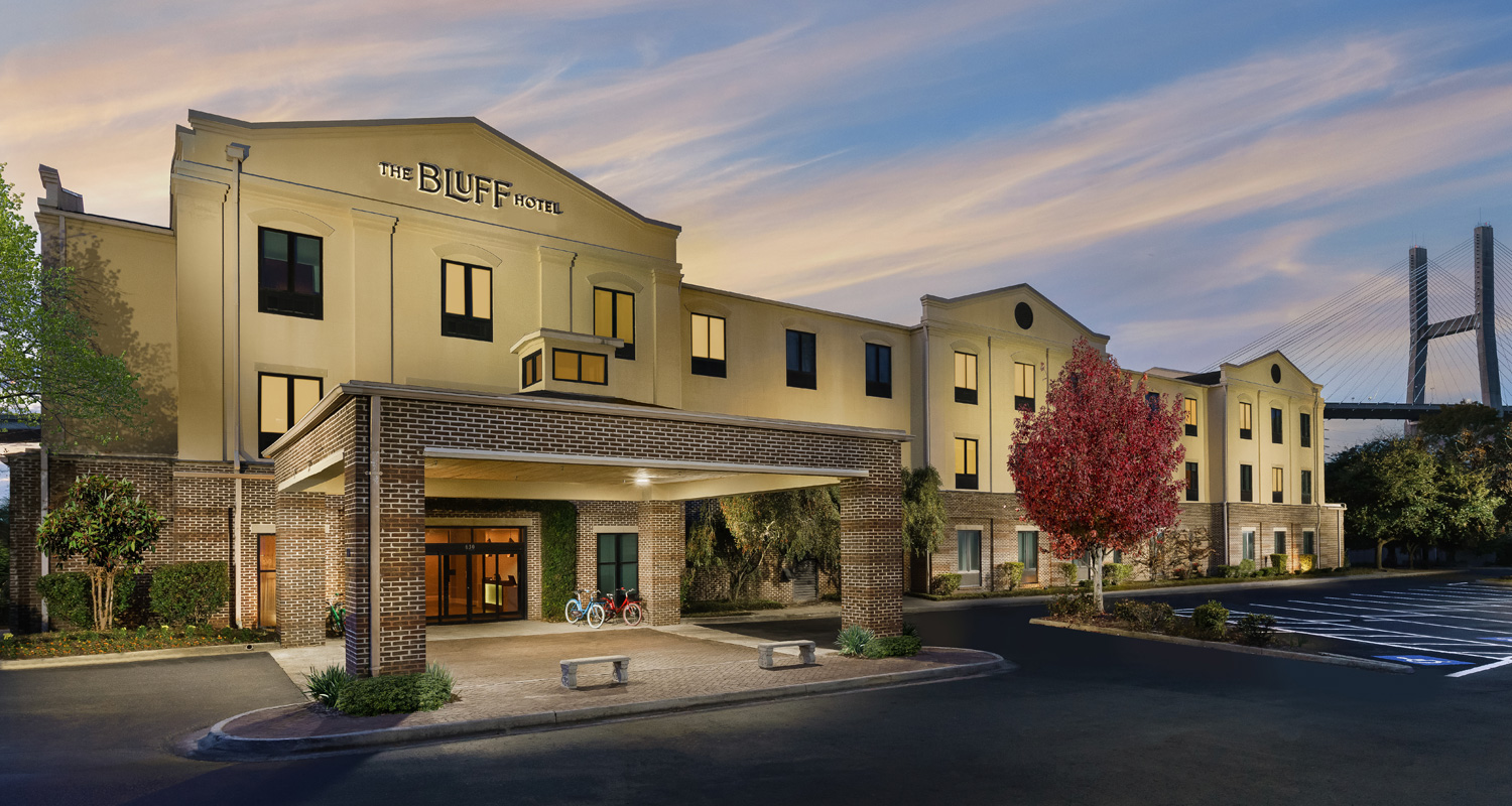 the bluff exterior front of the hotel during twilight