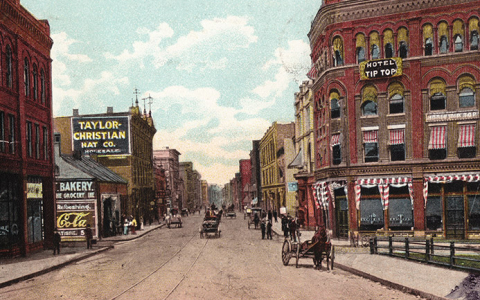 old town photo with people walking on sidewalk