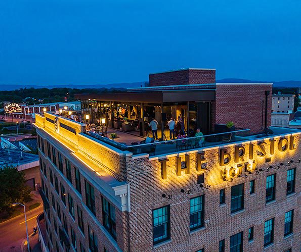 The Bristol Hotel rooftop at night