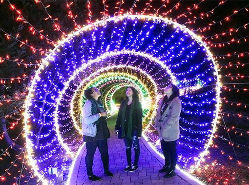 three women standing in a tunnel made of lights