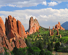 View of the orange rock formations in the daytime at the garden of the gods