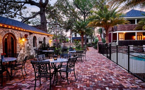 outdoor courtyard seating at sunset