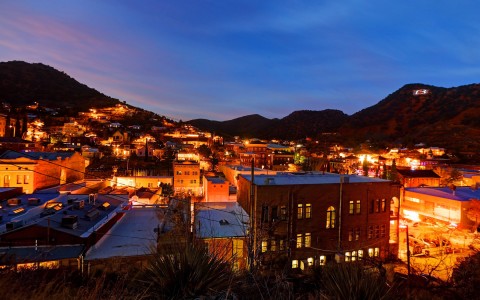 aerial view of downtown bisbee at dusk
