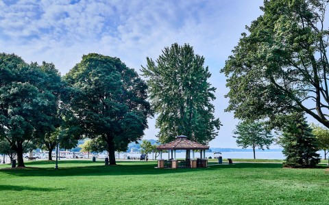 view of lake and a gazebo