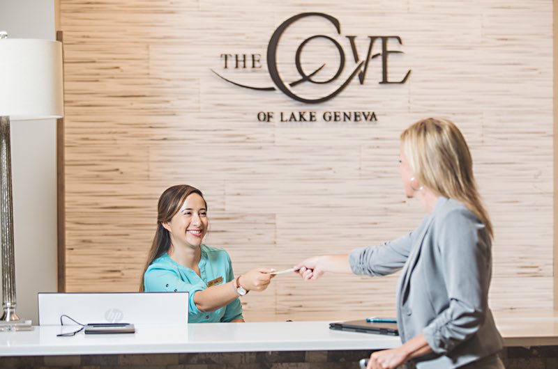 two ladies at the lobby desk