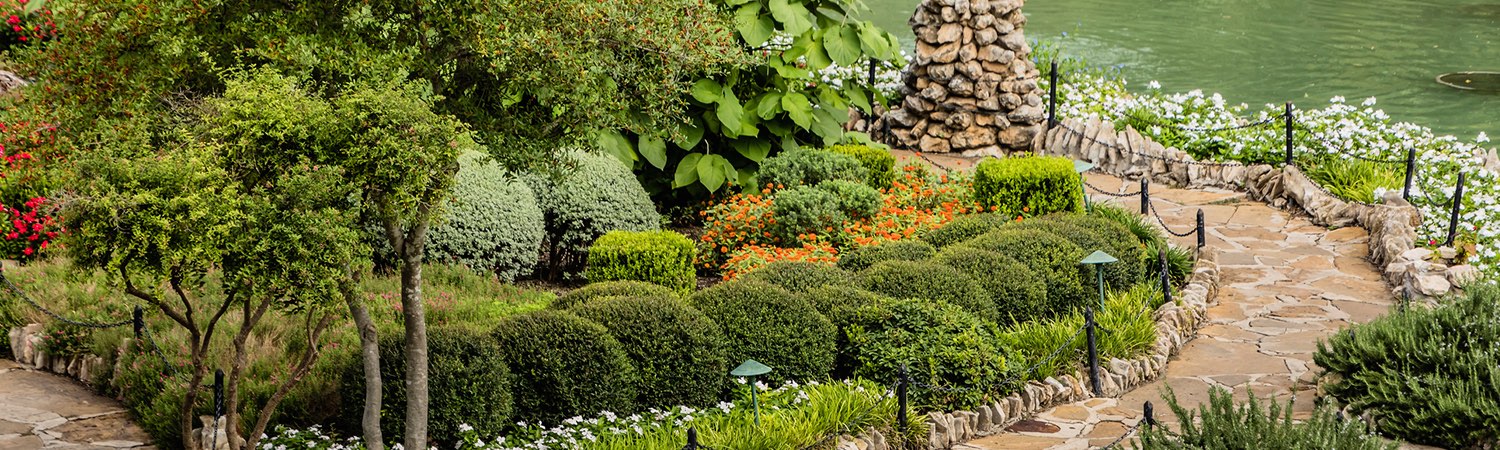 sidewalk next to lush gardens
