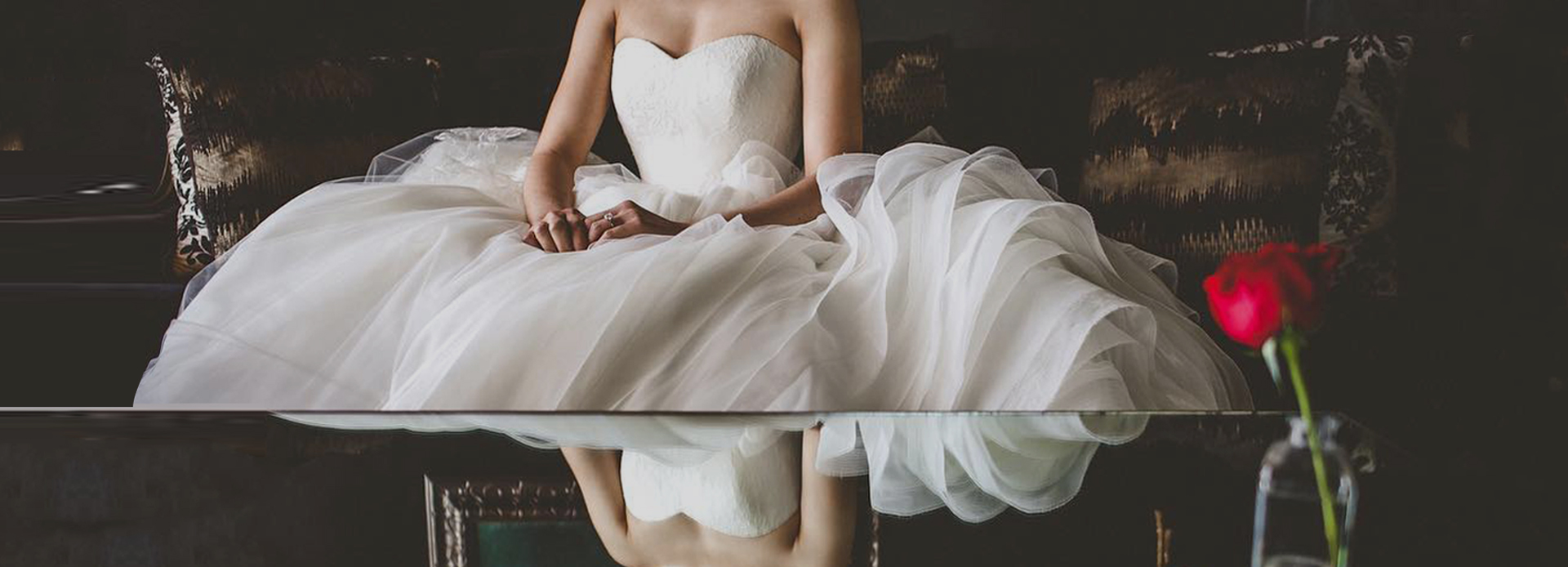 bride reflection on a table and a rose