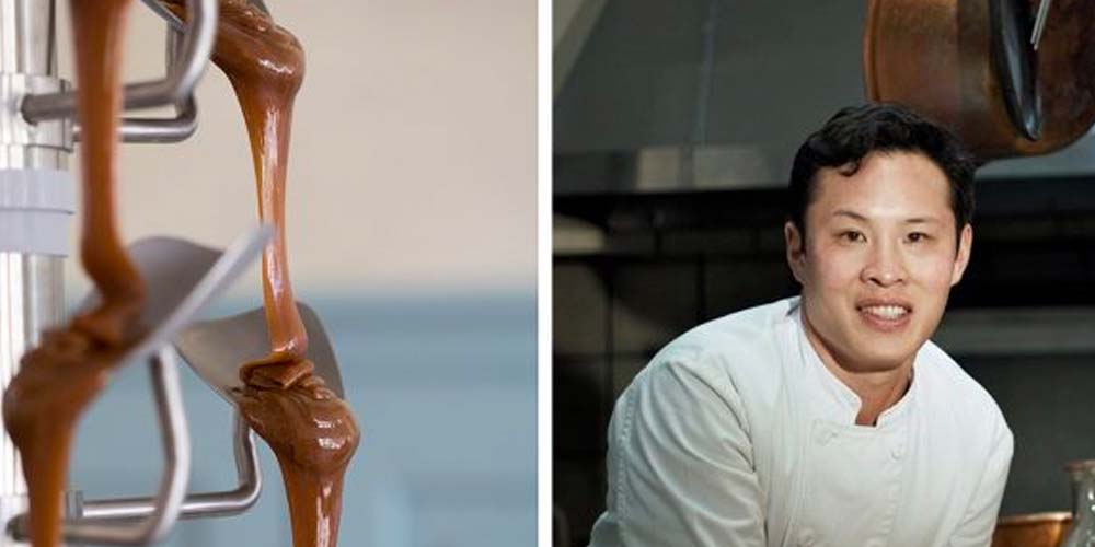 caramel pouring out and headshot of chef
