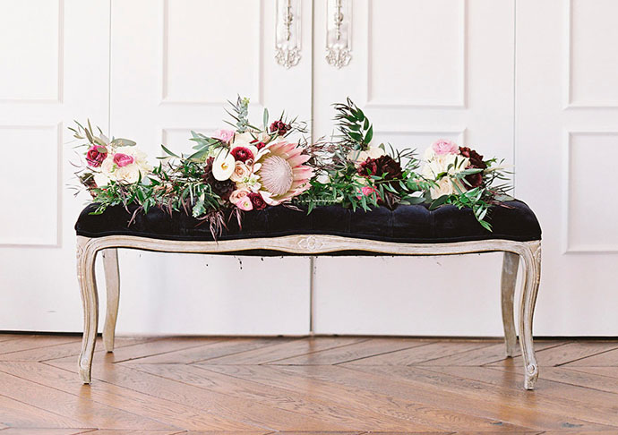 floral bouquet on a bench