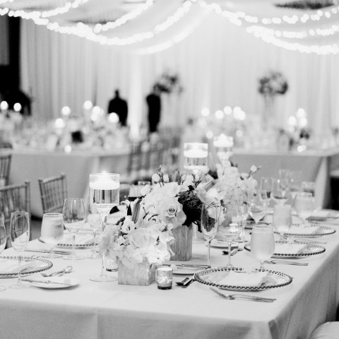 black and white image of wedding reception tables