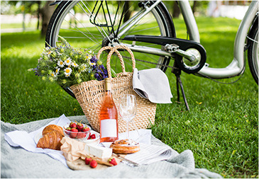 picnic in the park with snacks, wine and a picnic basket