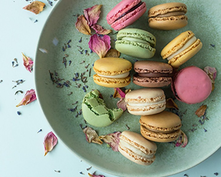 Top view of some macarons on a plate