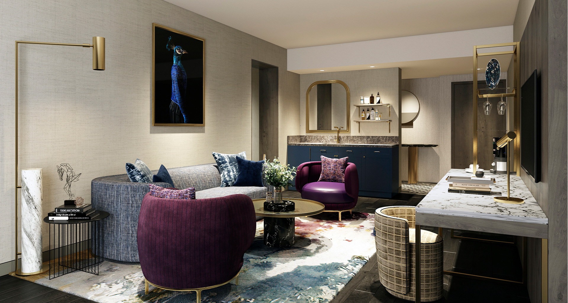 elegant suite with gold accent decor