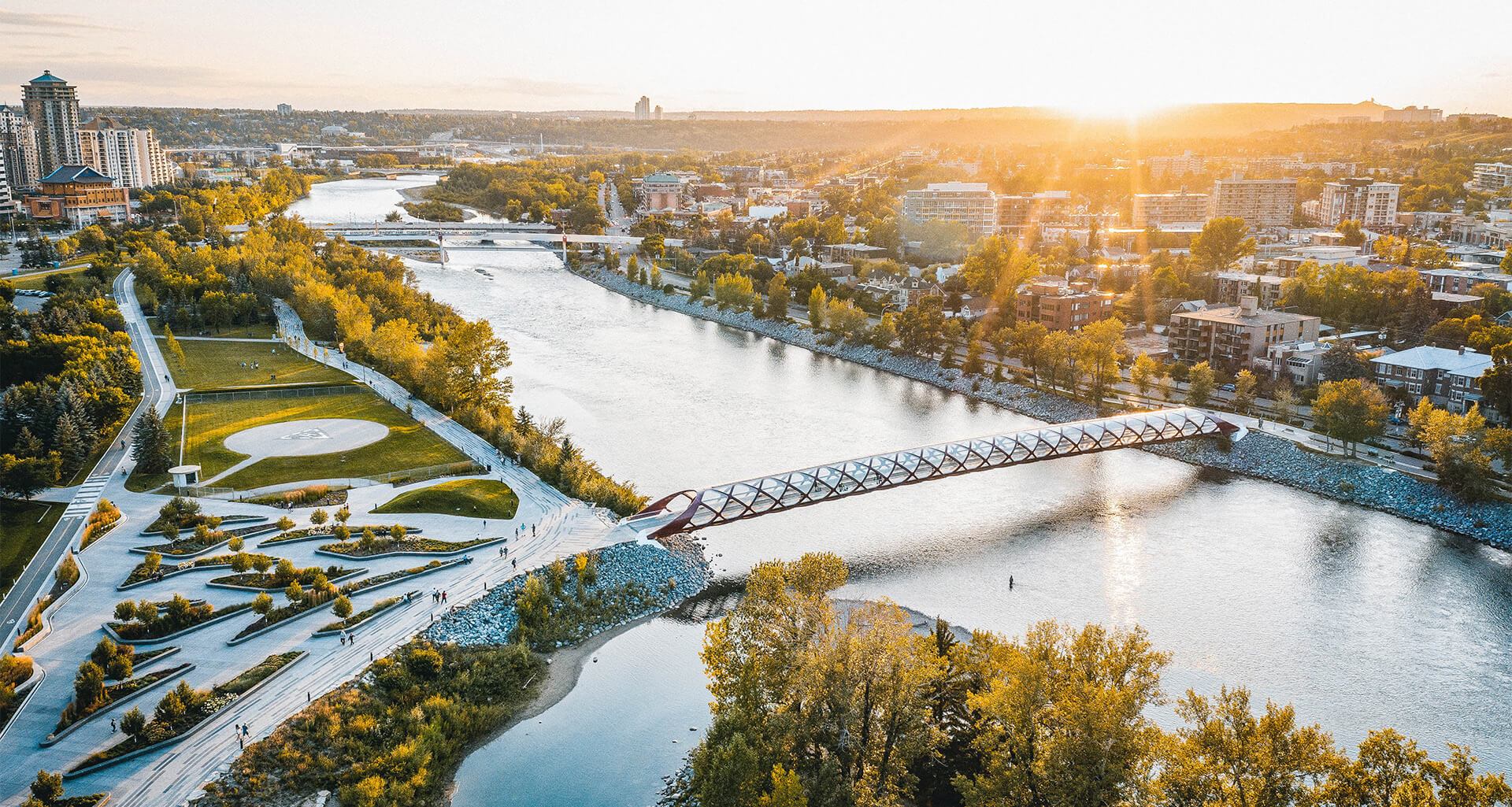 aerial view of calgary during sunset