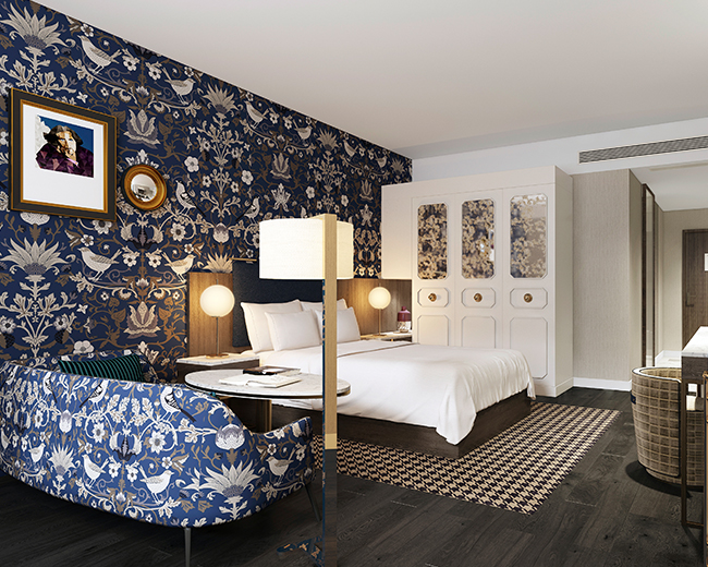 elegant spacious bedroom with blue floral wallpaper
