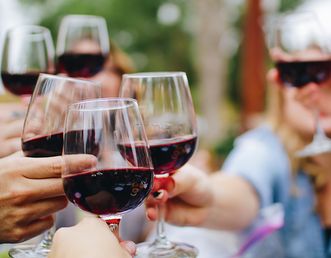group of people cheering with their glasses of red wine
