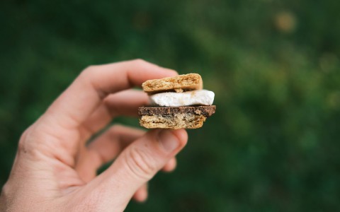 A close up of a person holding a smore.