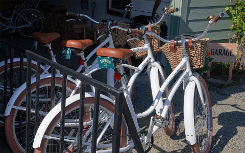 A row of white and camel brown colored bicycles next to a sign that says garage.