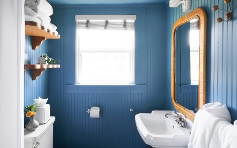 A blue colored bathroom with wooden shelves and the sun shining in from the windows.
