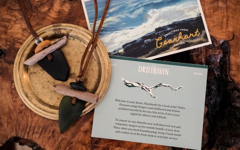 Drifthaven postcards and homemade jewelry.